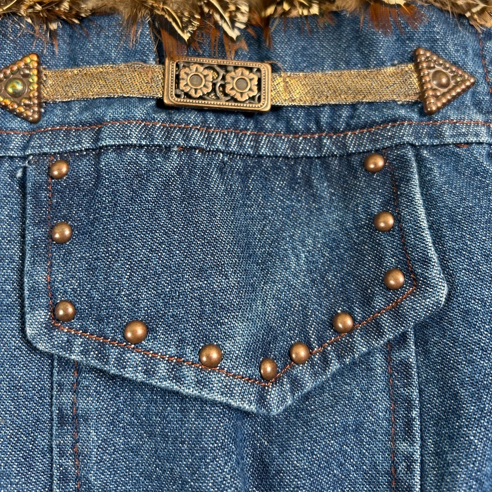 VTG 90s Nancy Bolen Western Boho Denim Shacket Snake Print Feather Trim Sz 18 - Picture 8 of 16